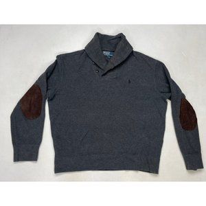 Polo Ralph Lauren Sweater Shawl Collar Men Adult Large Gray Pony Elbow Patch